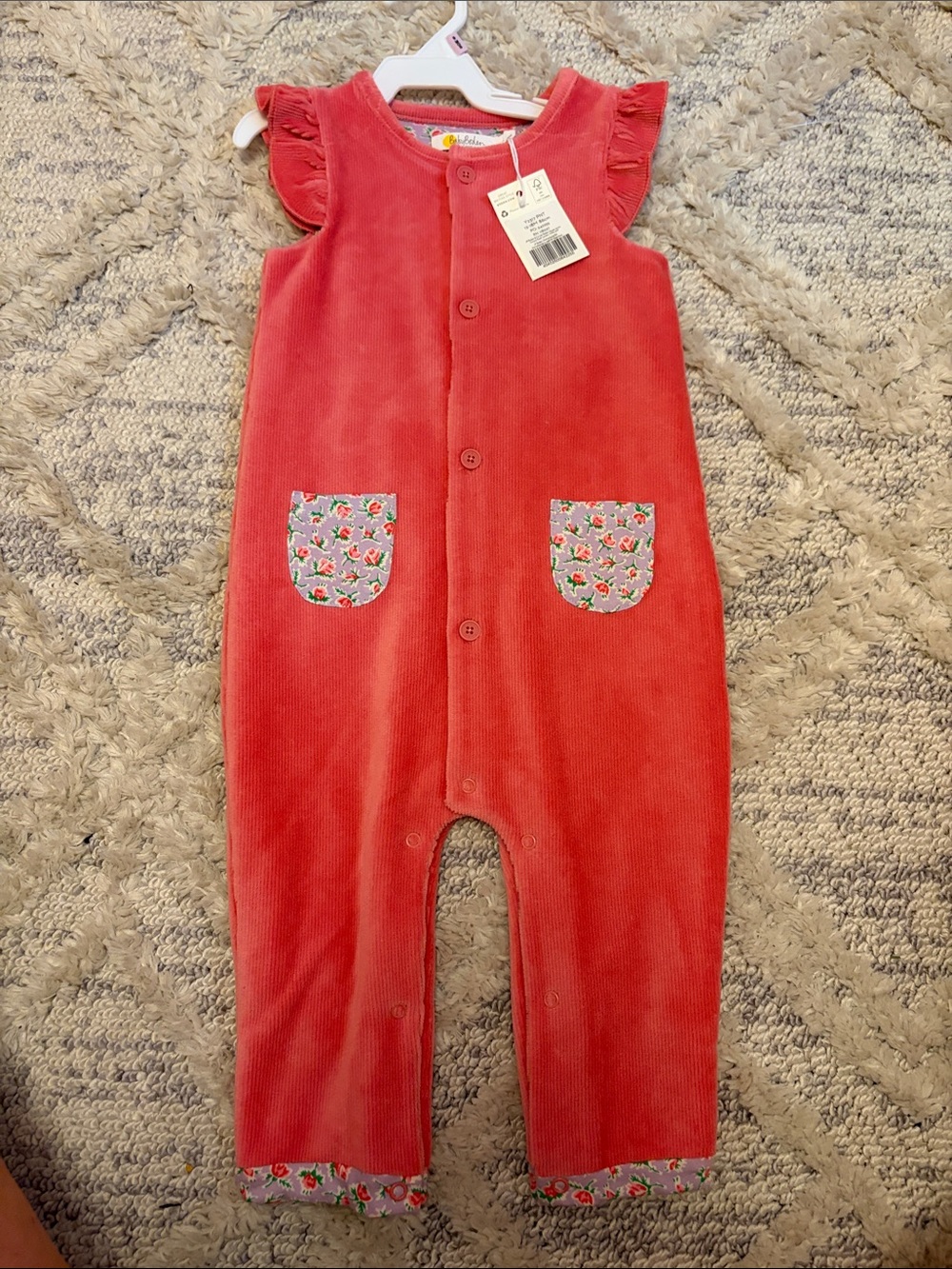 Mini Boden Pink Corduroy One-Piece Romper with Floral Pockets